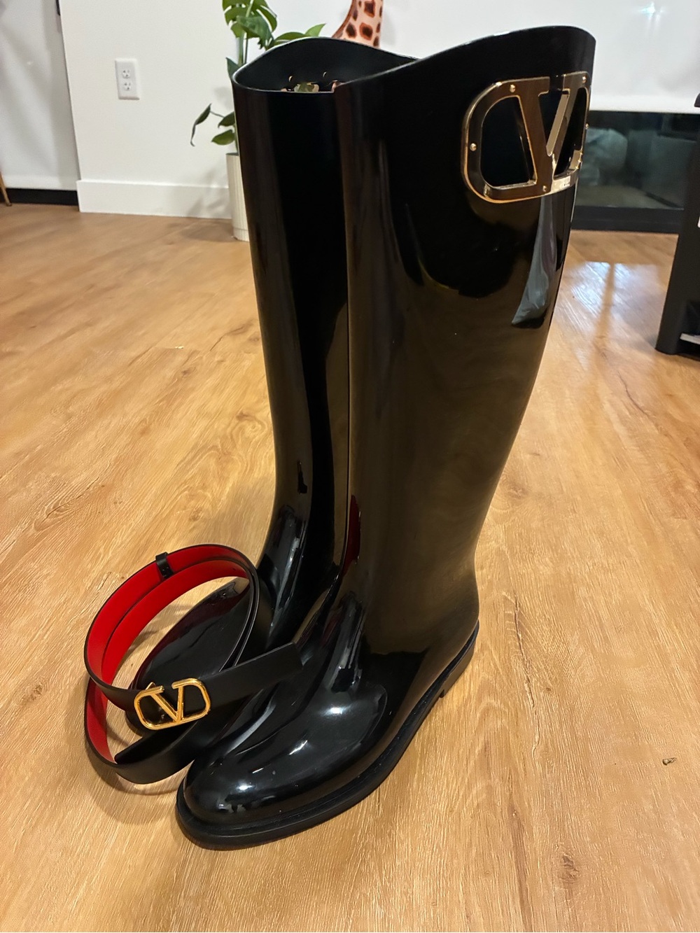 Valentino Black Gloss Tall Rain Boots with Gold Accent